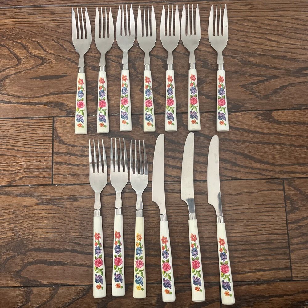 VTG Floral Handled 3 Butter Knives 7 Salad Fork & 3 Forks Stainless Steel Taiwan